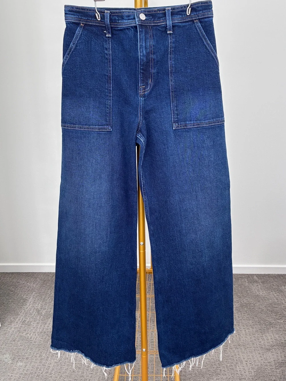 Pistola Calna Dark Indigo High Rise Wide Leg Jeans Size 29 Raw Hem